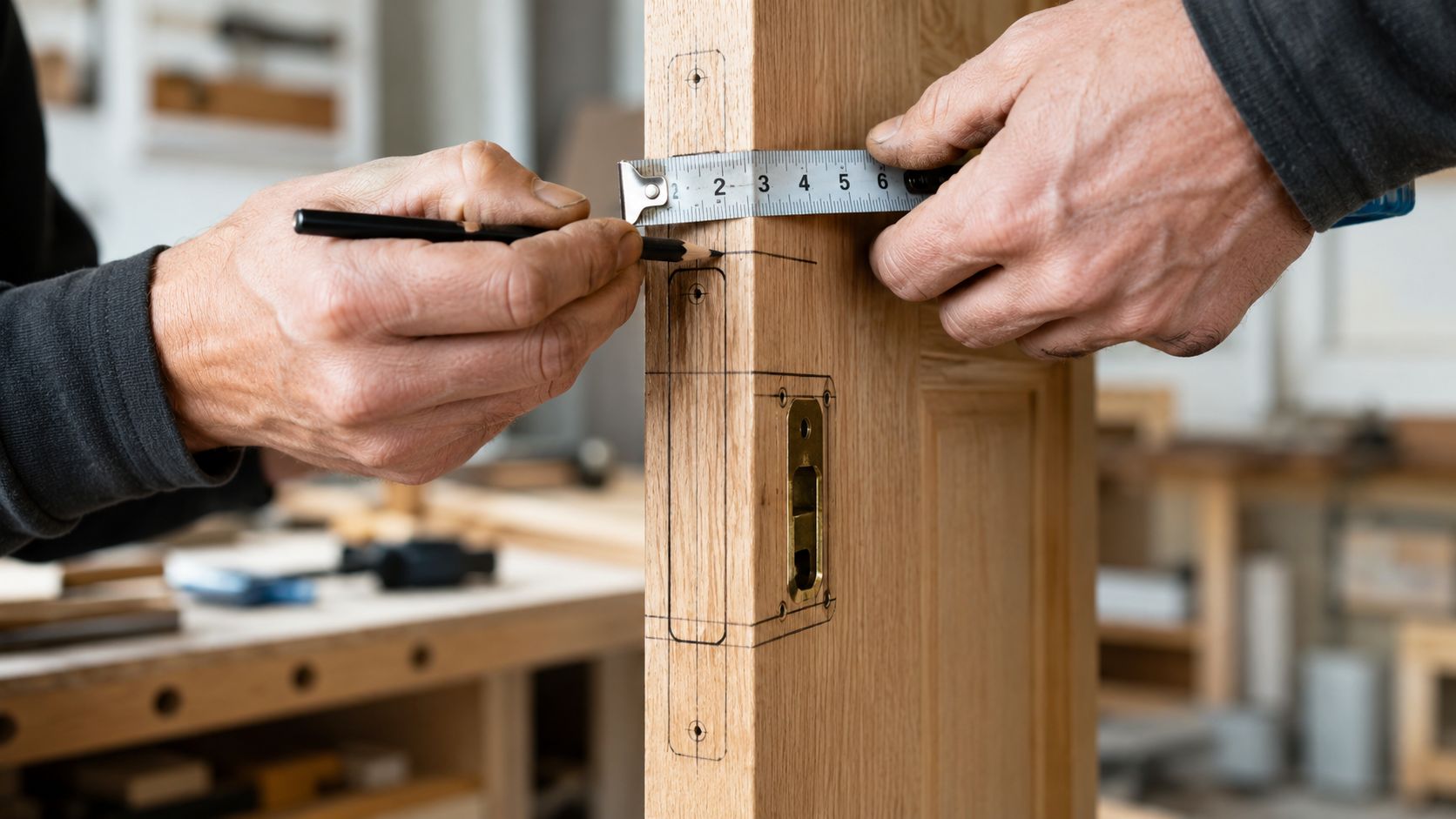A carpenter uses a pencil and tape measure to mark a door frame for mortice lock installation.