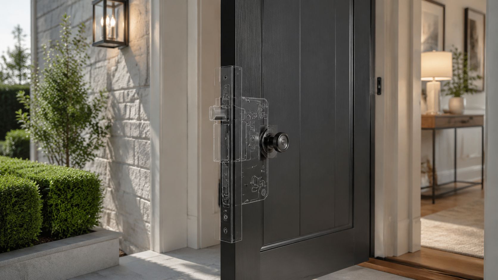 A close-up view of a black door featuring a transparent digital overlay of its mortice lock mechanism.