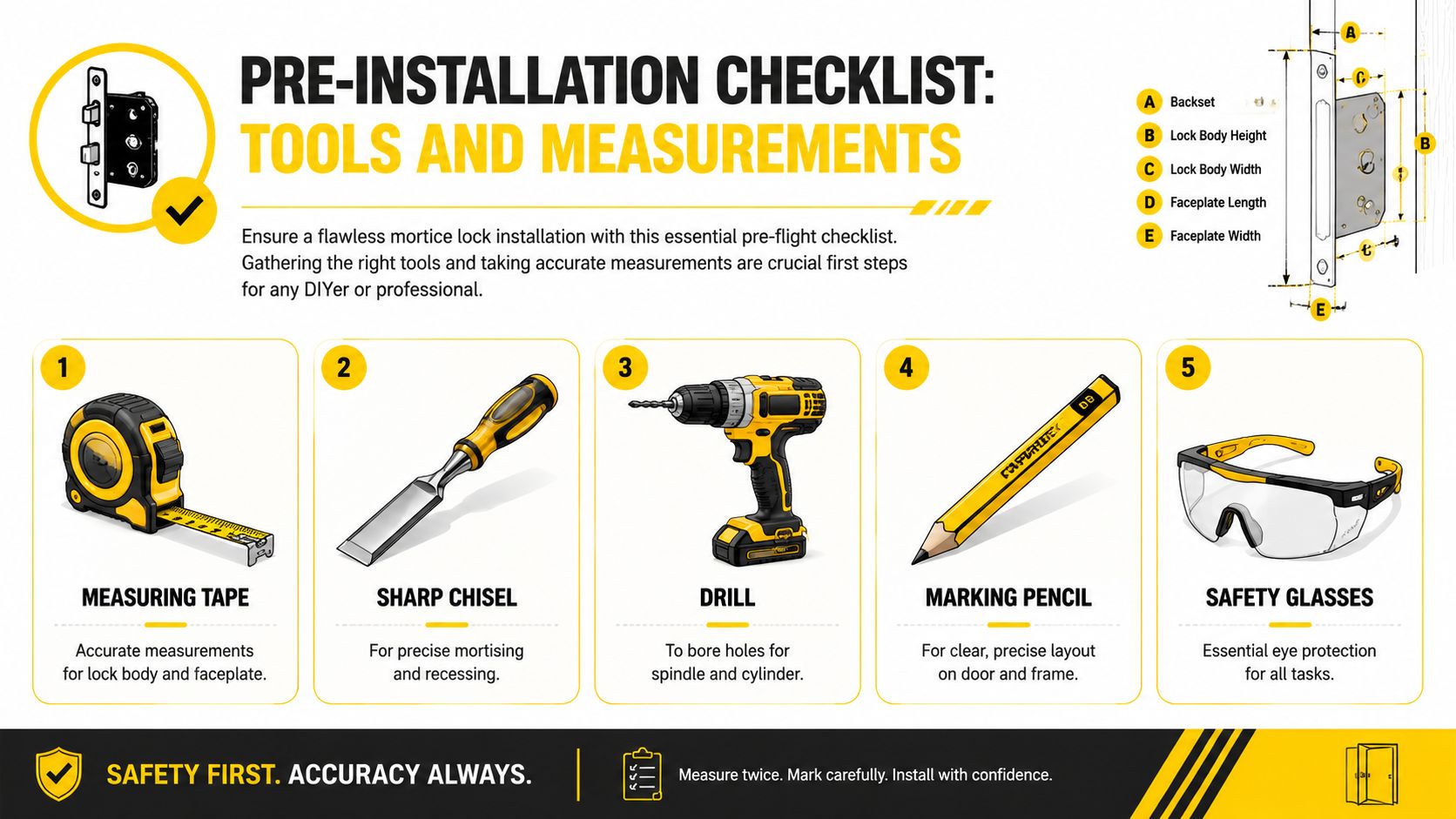 An infographic titled pre-installation checklist for tools and measurements required for installing a mortice door lock.