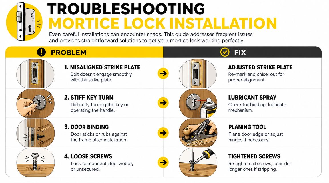 A troubleshooting infographic for mortice lock installation showing common problems like misalignment and sticking with corresponding repair solutions.
