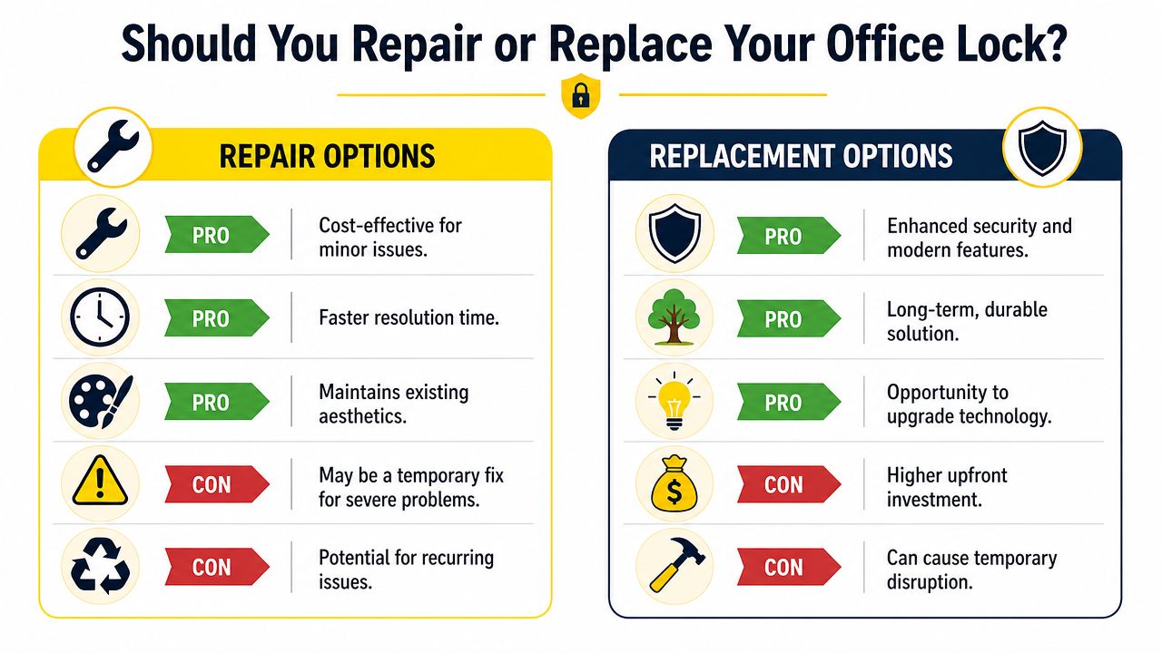 A comparison chart outlining the pros and cons of repairing versus replacing an office door lock system.