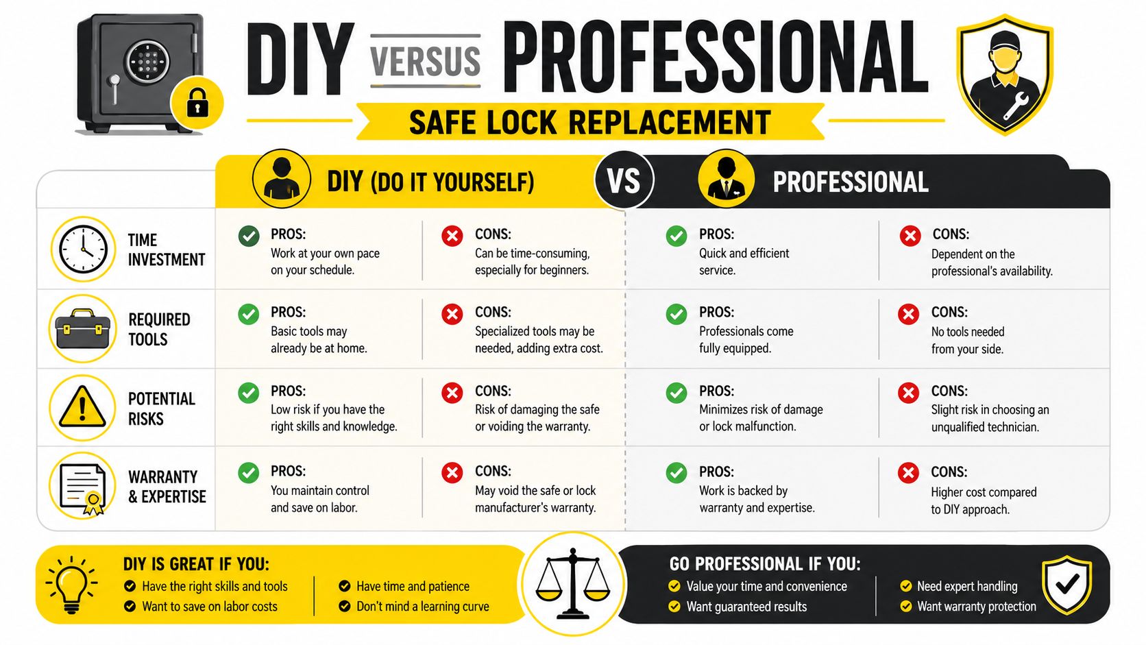 A comparison infographic detailing the pros and cons of DIY versus professional safe lock replacement services.