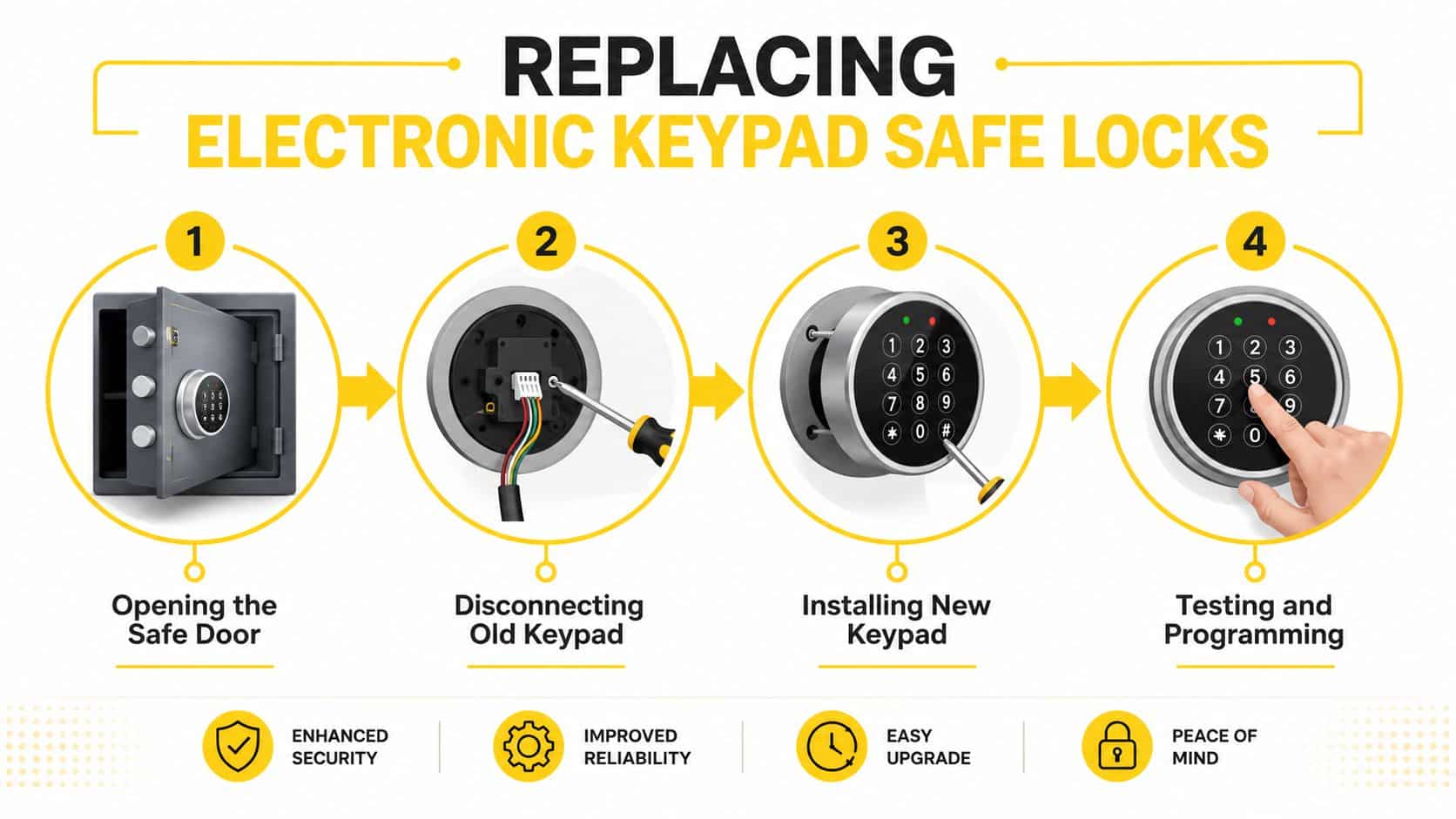 A four-step infographic illustrating the process of replacing an electronic keypad on a secure safe.