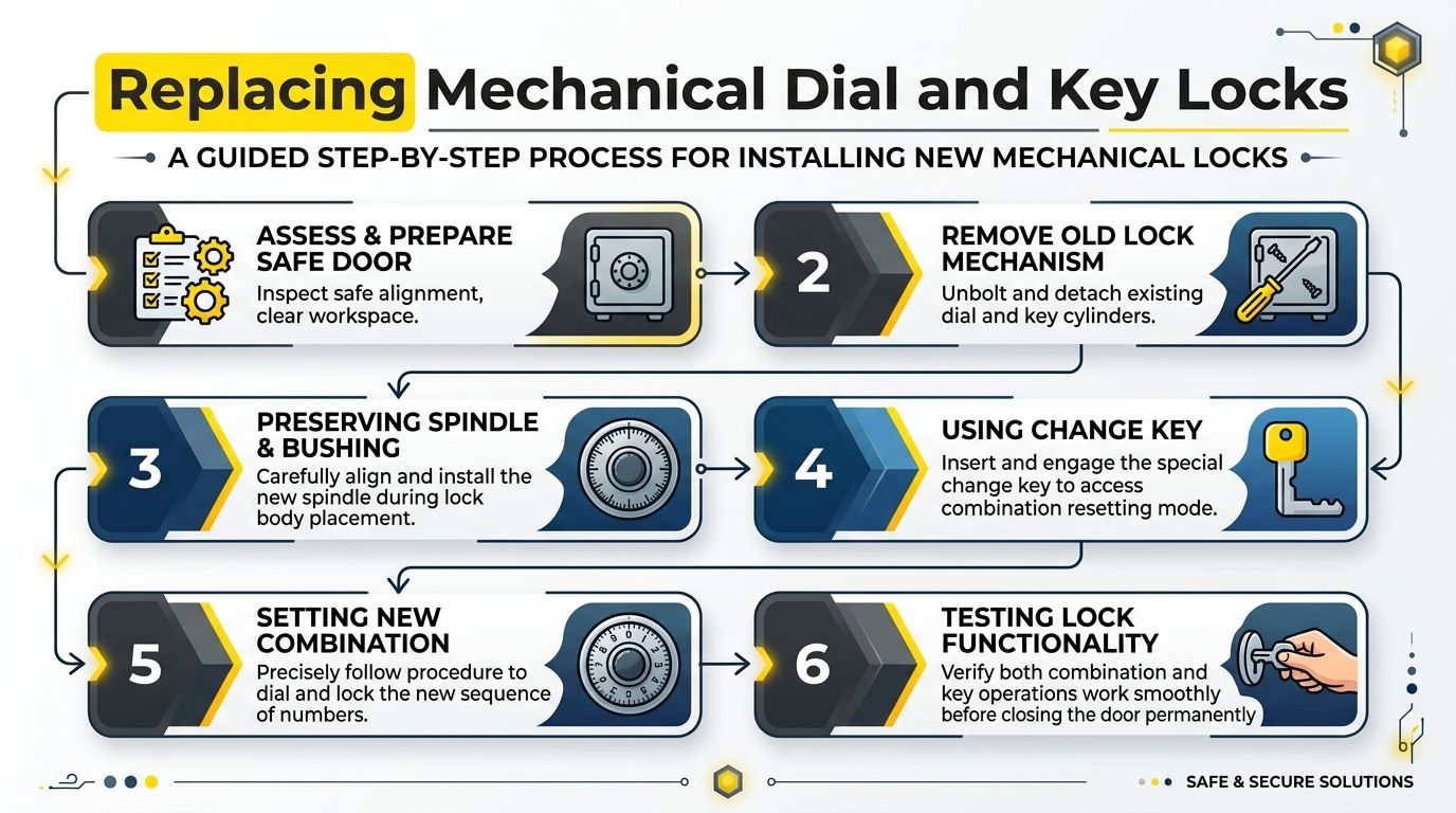A six-step infographic illustrating the professional process for replacing mechanical safe dial and key locks.
