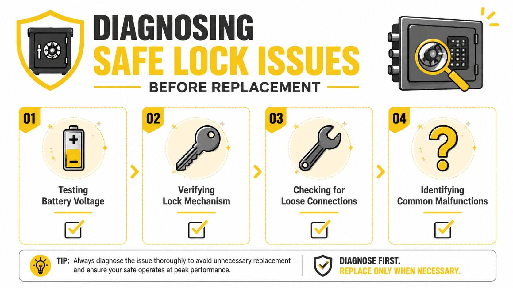 An infographic showing four steps to diagnose safe lock issues before deciding on a full replacement.