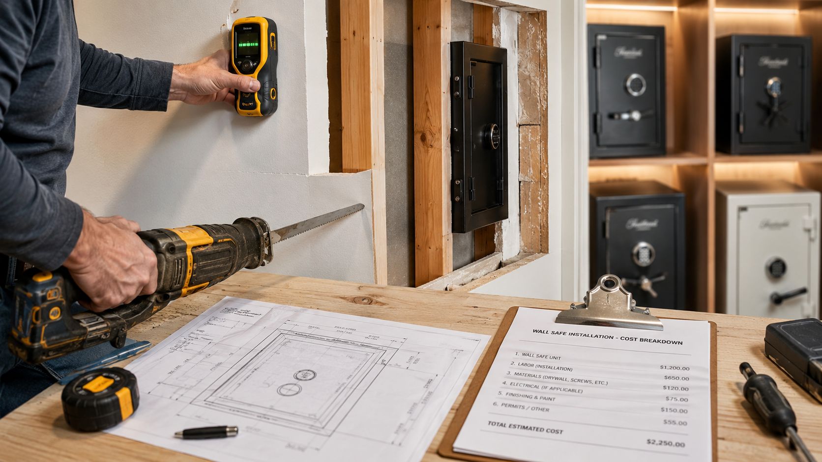A worker uses a power saw to cut into a wall to install a wall safe.
