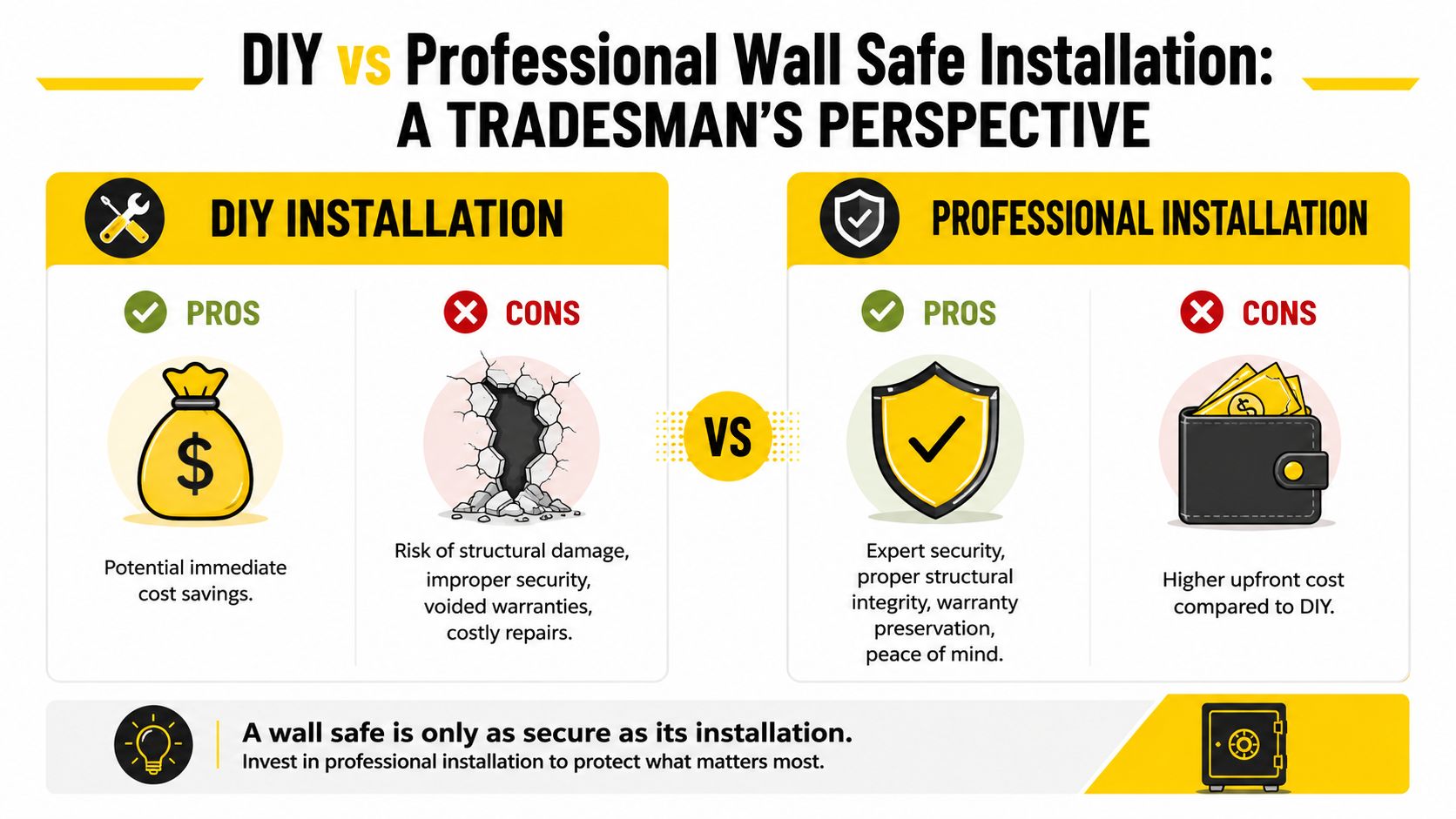 An infographic comparing the pros and cons of DIY versus professional wall safe installation for homeowners.