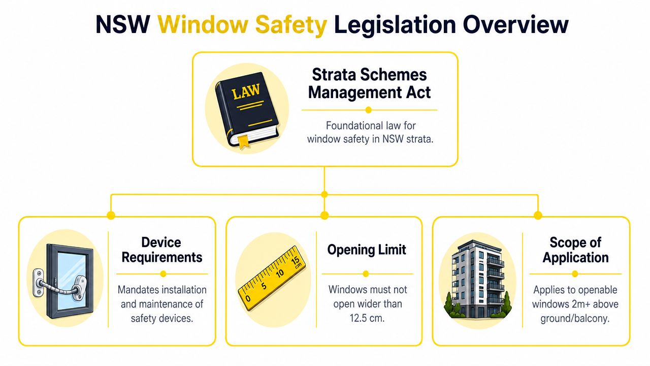 An infographic showing NSW window safety legislation rules including device requirements, opening limits, and scope of application.