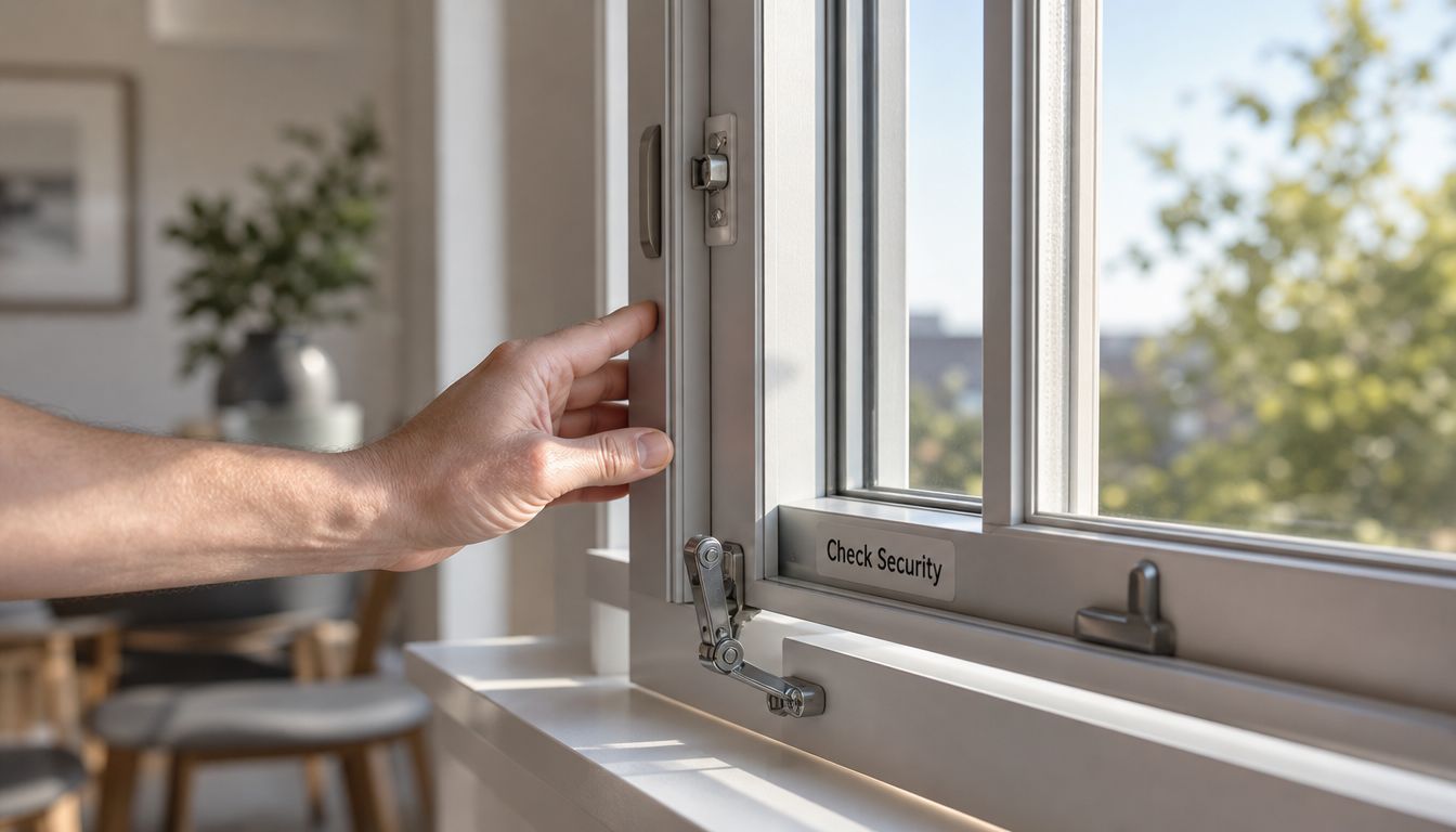 A close-up view of a hand adjusting a window lock in a well-lit residential home interior.