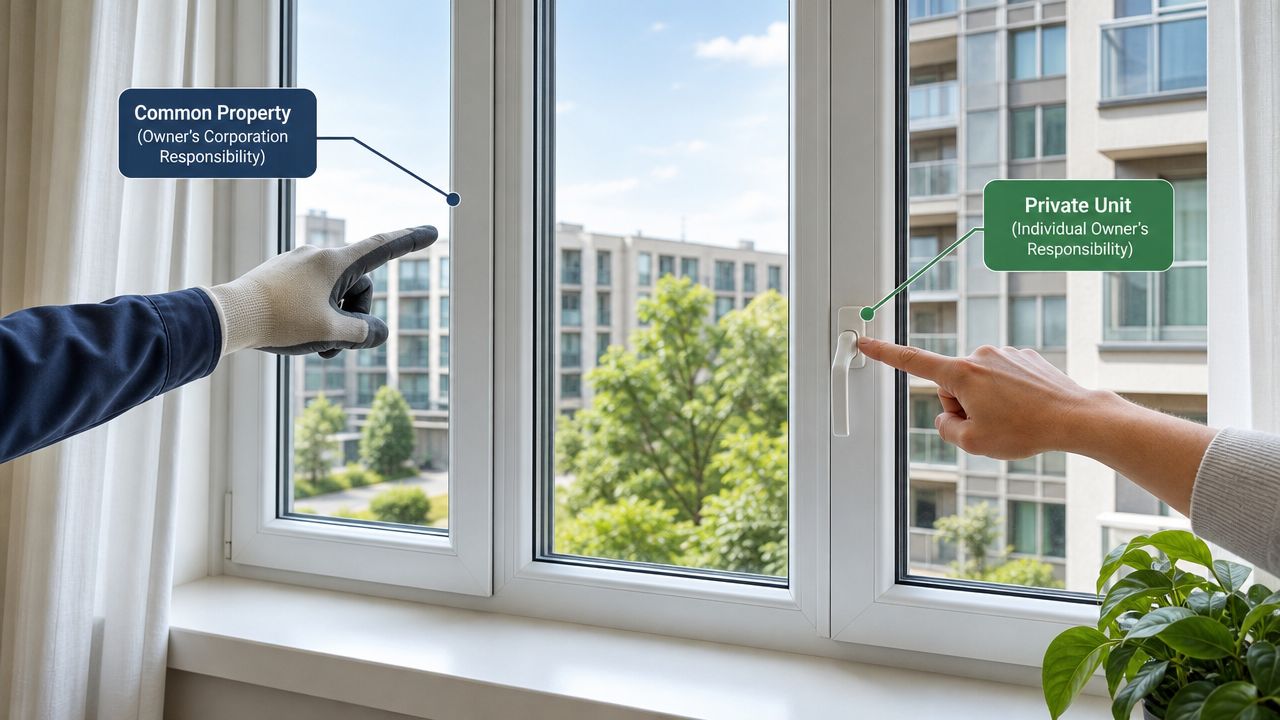 A gloved hand and a bare hand point to different parts of a window, explaining ownership responsibilities.