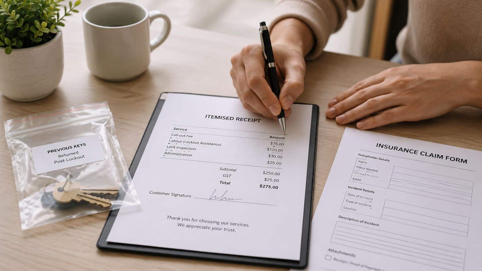 A person signs an itemised receipt for lockout services while preparing an insurance claim form on a desk.