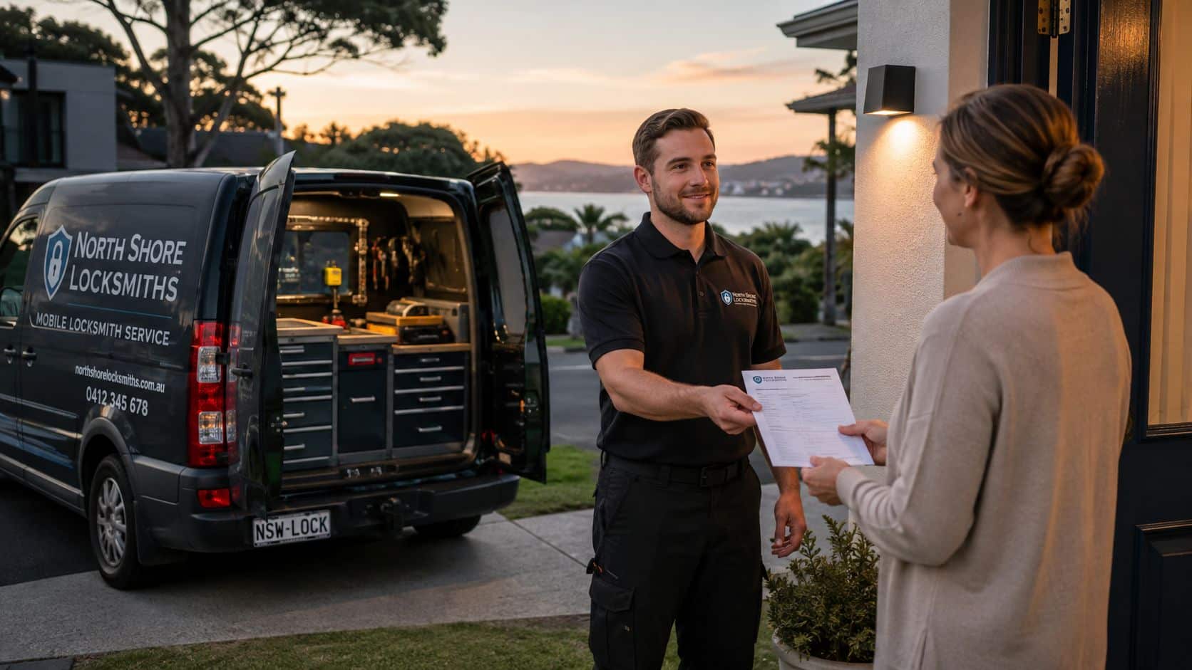 A professional locksmith handing an invoice to a customer outside her home near his service van.