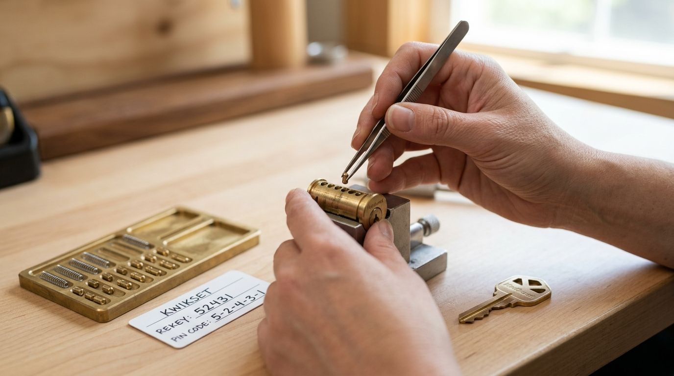 A person uses tweezers to carefully install a small pin into a Kwikset lock cylinder during rekeying.