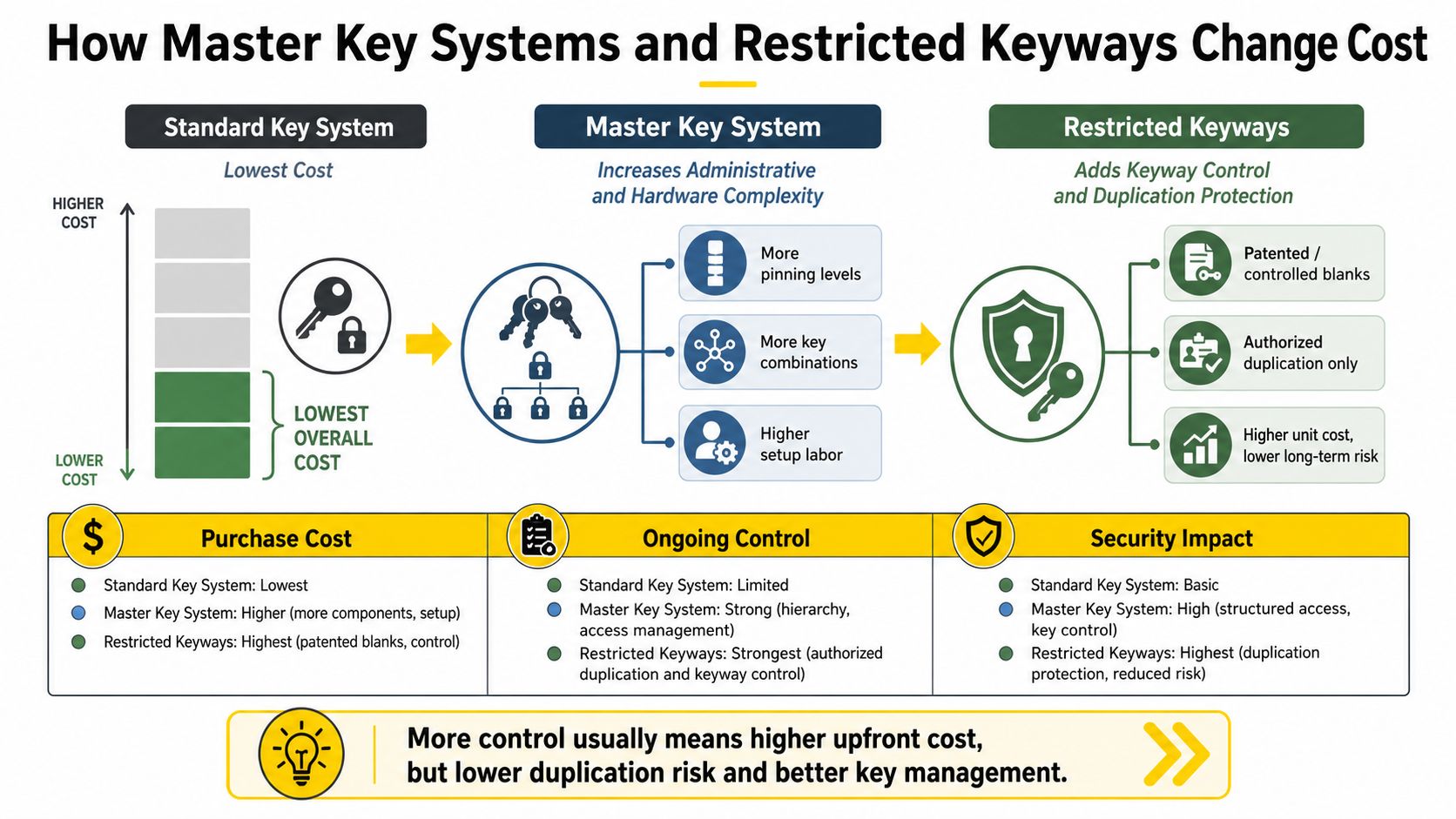 A diagram comparing the costs, complexity, and security benefits of standard, master, and restricted commercial key systems.