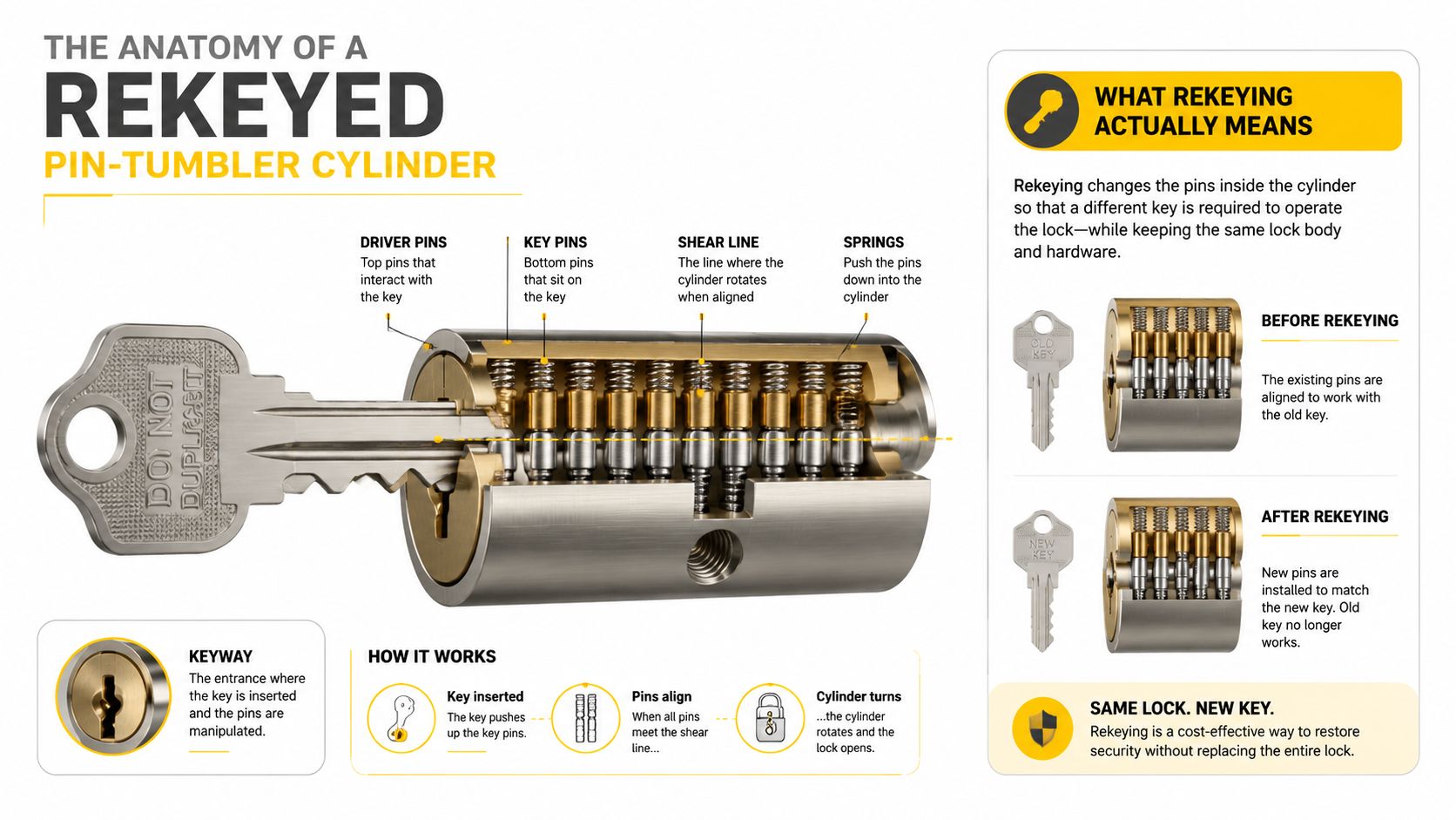 A diagram illustrating the internal anatomy of a pin-tumbler cylinder lock and the rekeying process.
