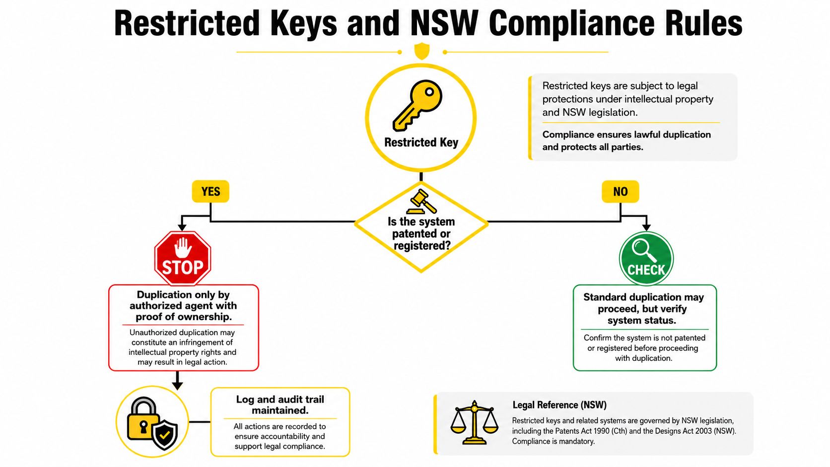A flowchart explaining the legal compliance rules and process for restricted key duplication in New South Wales.