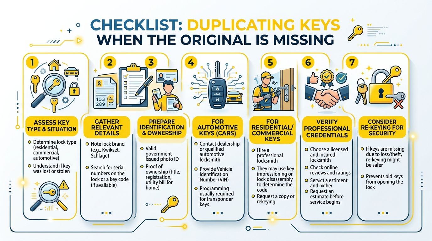 A checklist infographic illustrating seven steps for duplicating keys when the original key is missing.