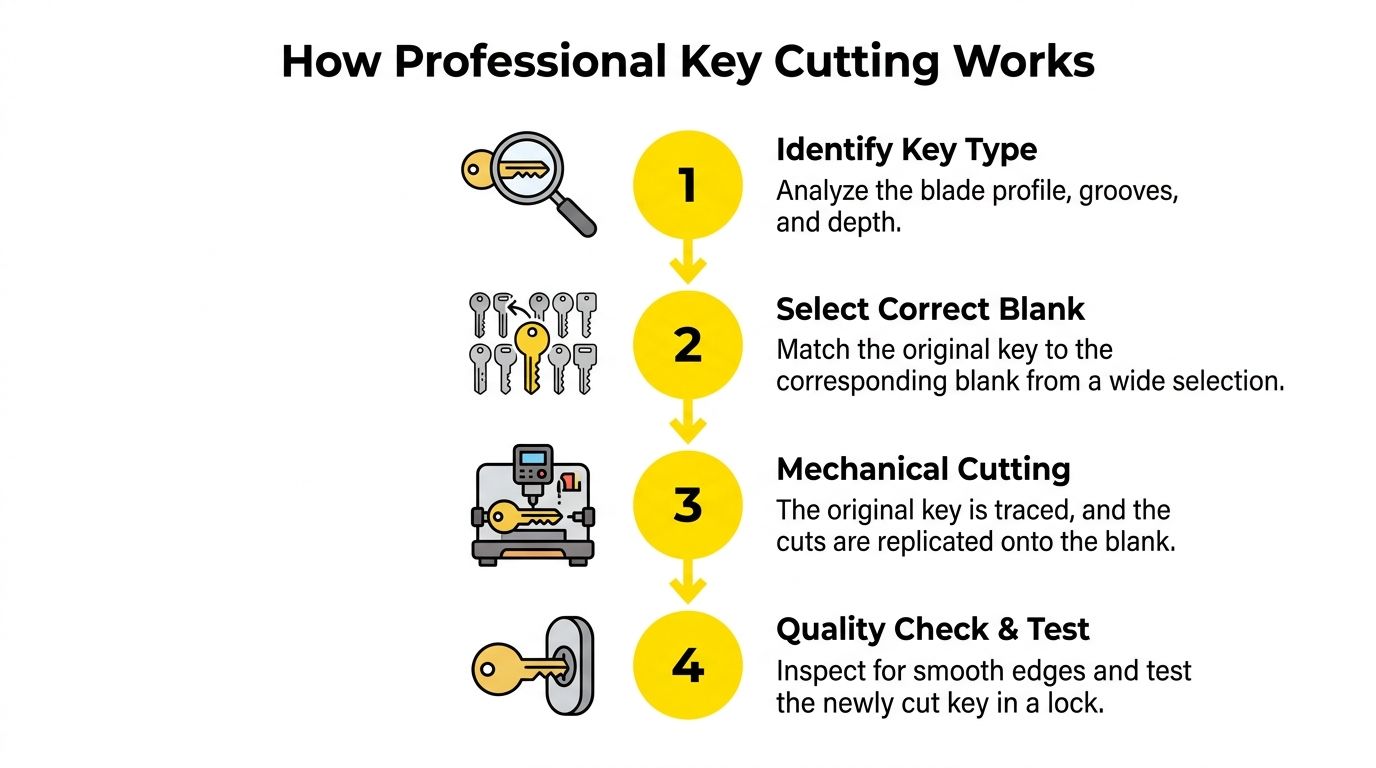 A four-step infographic illustrating the professional process of key duplication, including identification, blank selection, mechanical cutting, and testing.