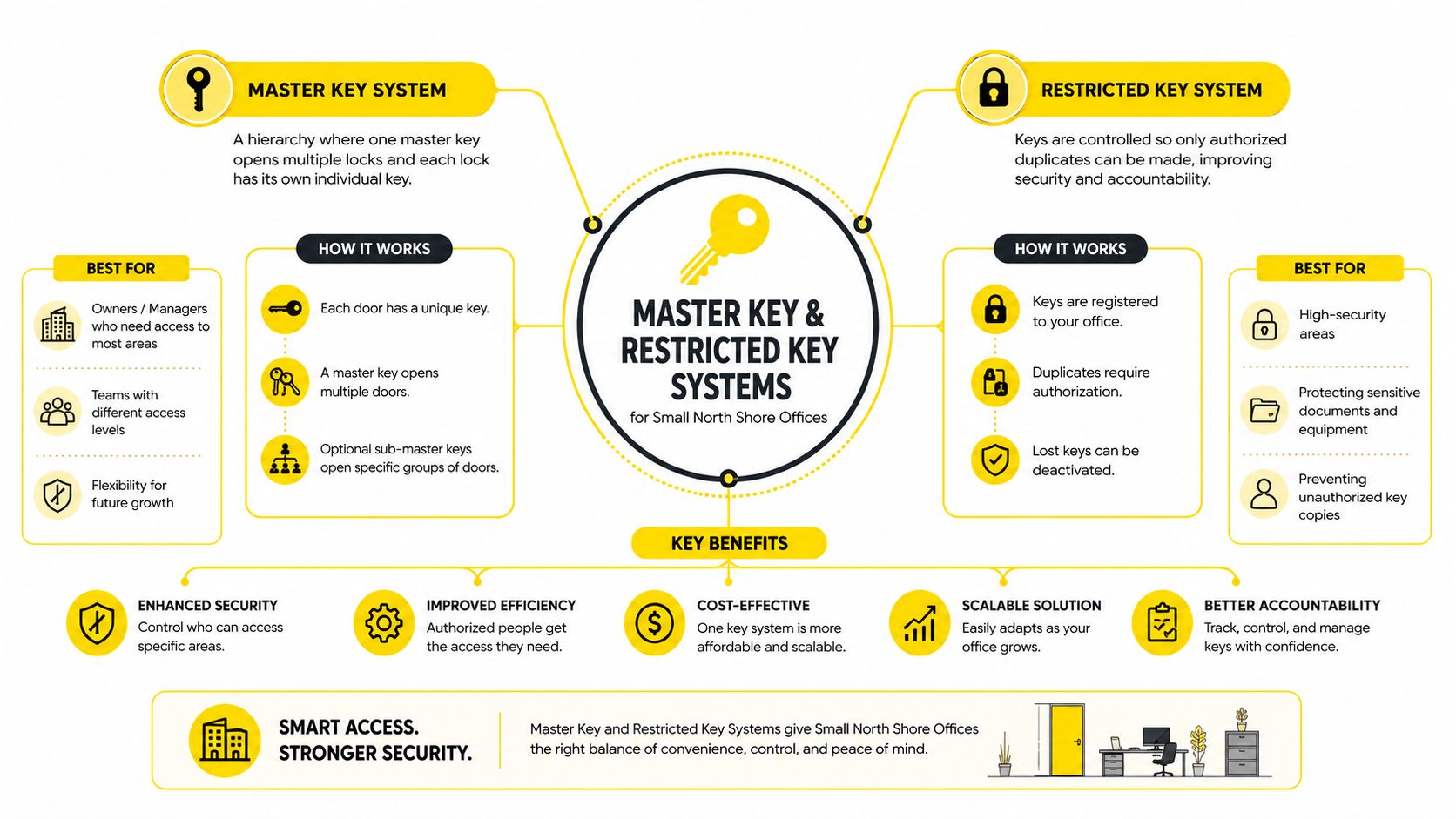 An infographic detailing the features, benefits, and applications of master key and restricted key systems for offices.