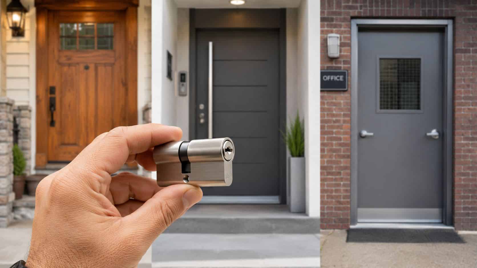 A hand holding a metallic cylinder lock core in front of various entrance doors to a home.