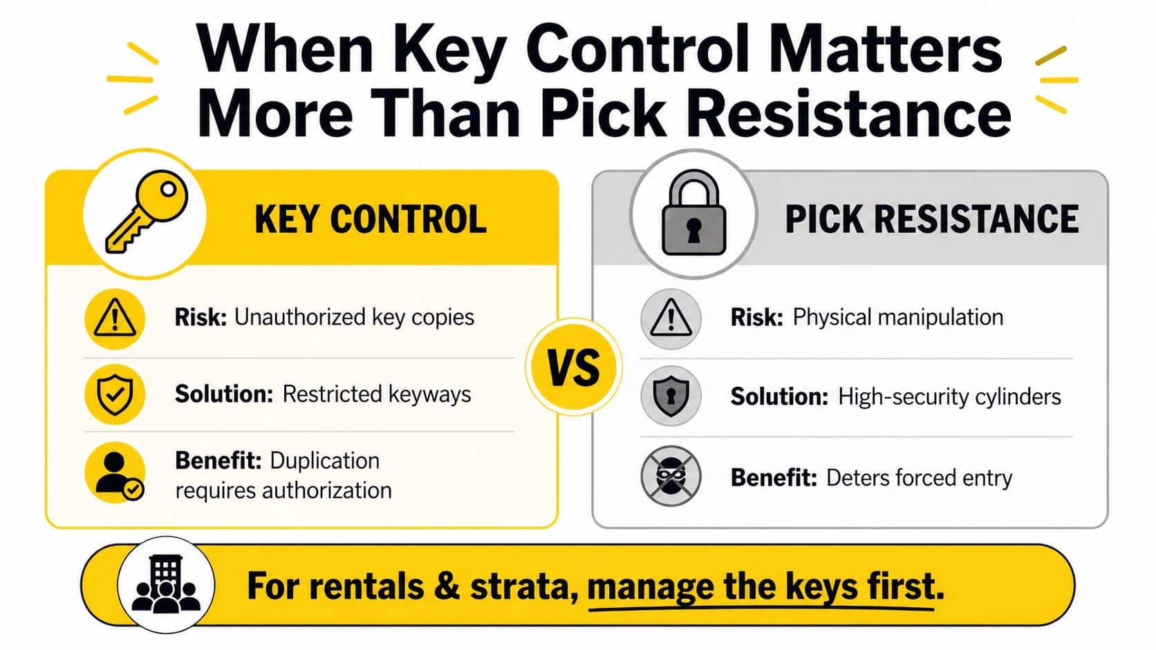 A comparison chart showing why key control is more important than pick resistance for building security.