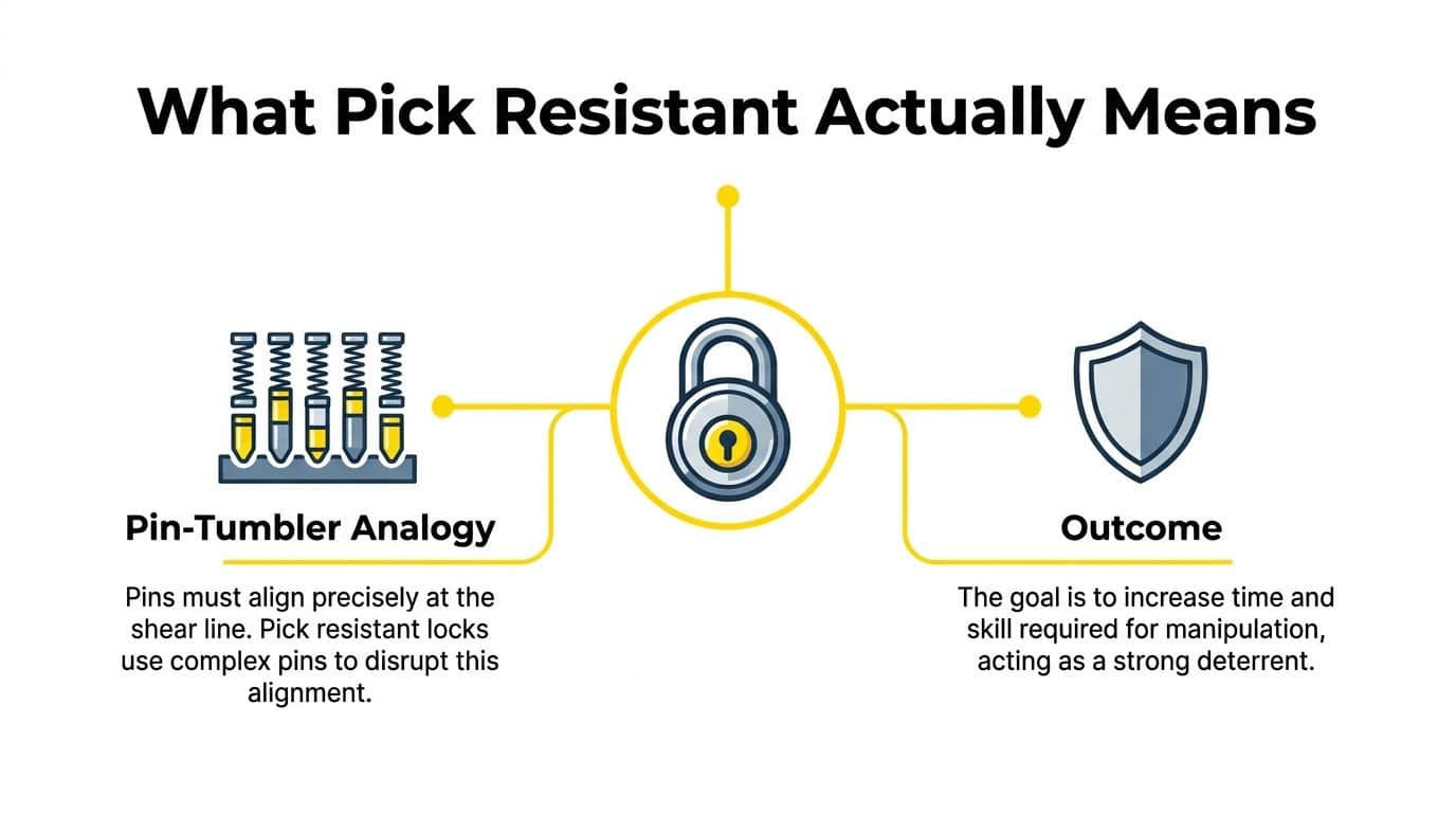 A diagram explaining pick resistant locks, showing a pin-tumbler mechanism, a padlock, and the security outcome.