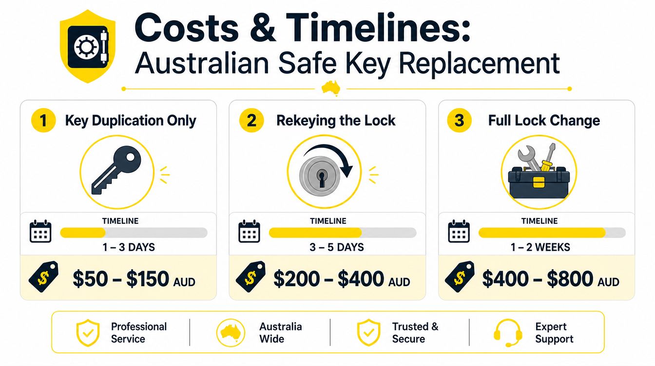 An infographic showing costs and timelines for Australian safe key replacement services including duplication, rekeying, and lock changes.