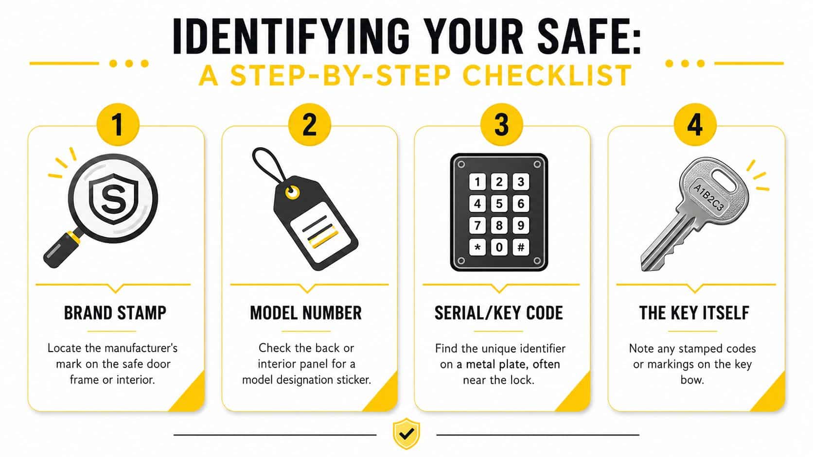 A four-step checklist graphic illustrating how to identify a safe by finding brands, models, and keys.