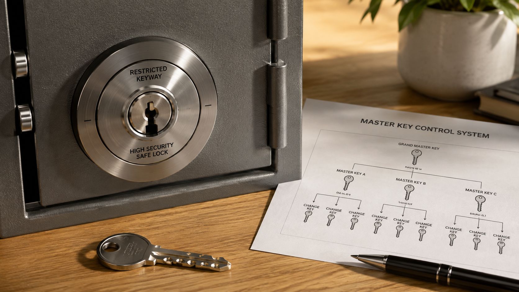 A high-security safe lock with a key and a master key control system chart on a desk.