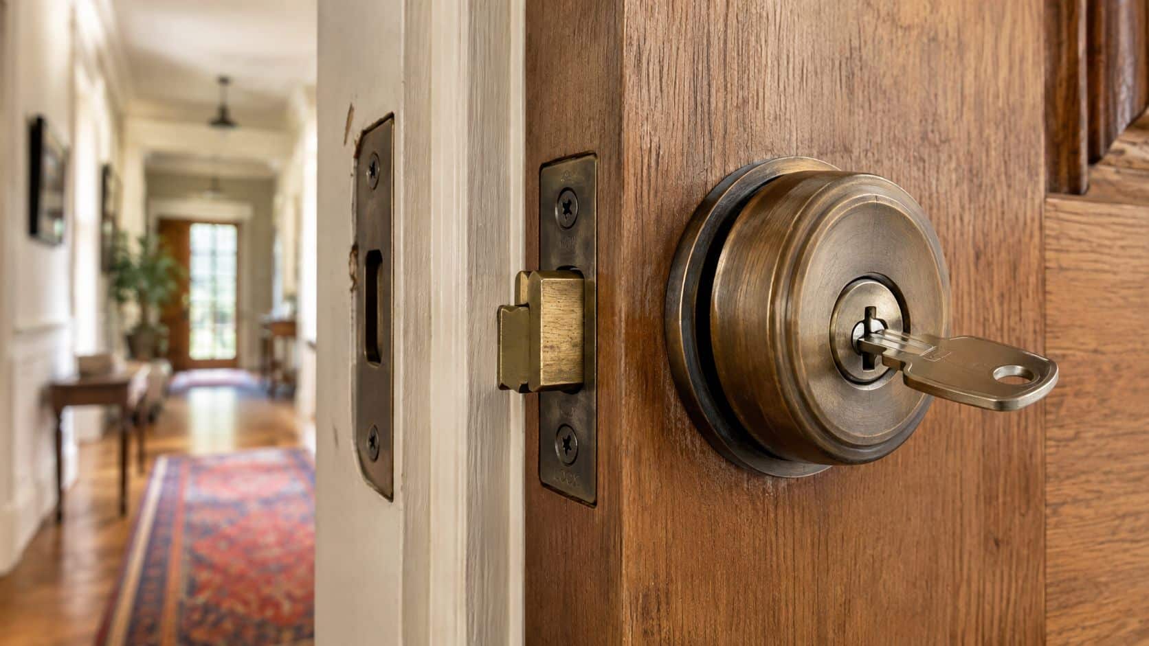 A close up view of a brass door deadbolt lock with a key inserted on a wooden door