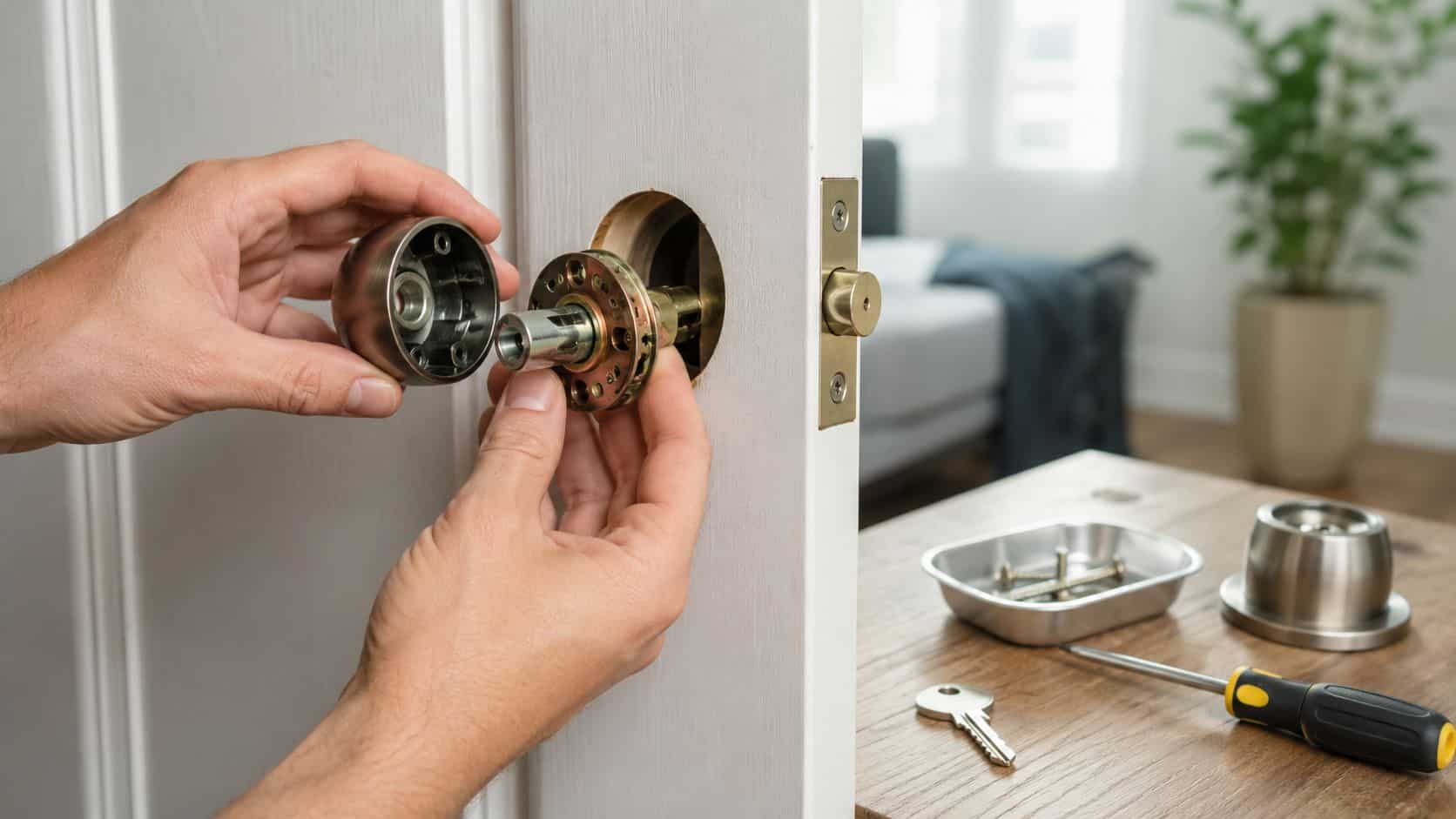 A person installing a modern round door lock on a white interior wooden door