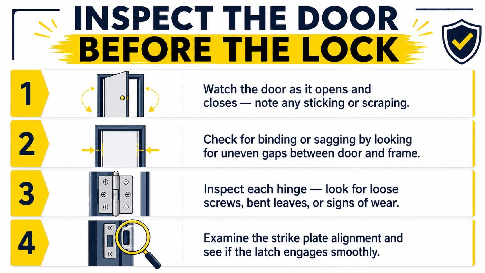 An instructional infographic demonstrating four essential steps to inspect a door for proper alignment before installing a lock.