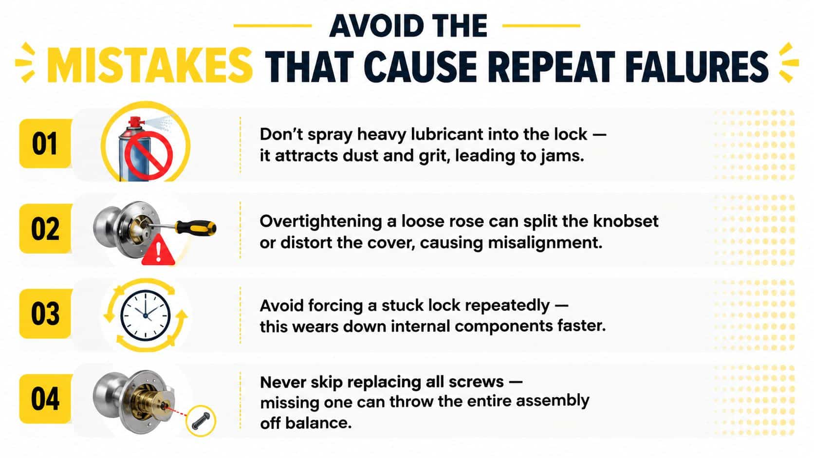 A guide listing four common mistakes to avoid when repairing or maintaining round door locks.