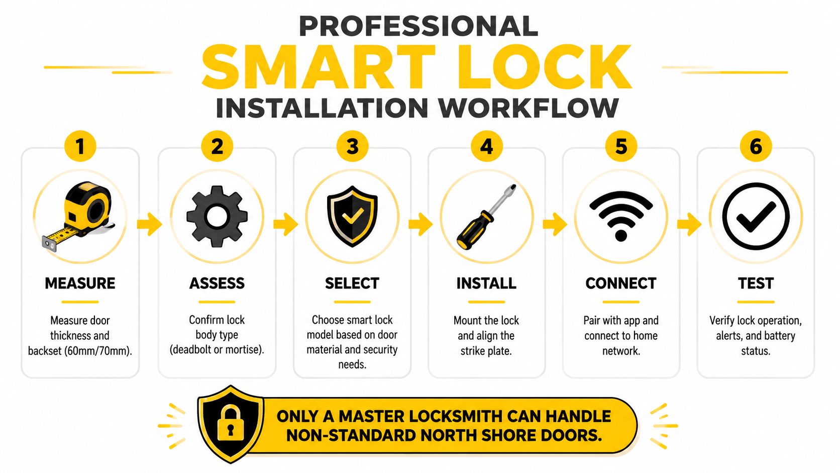 A step-by-step professional smart lock installation workflow infographic showing six stages from measuring to final testing.