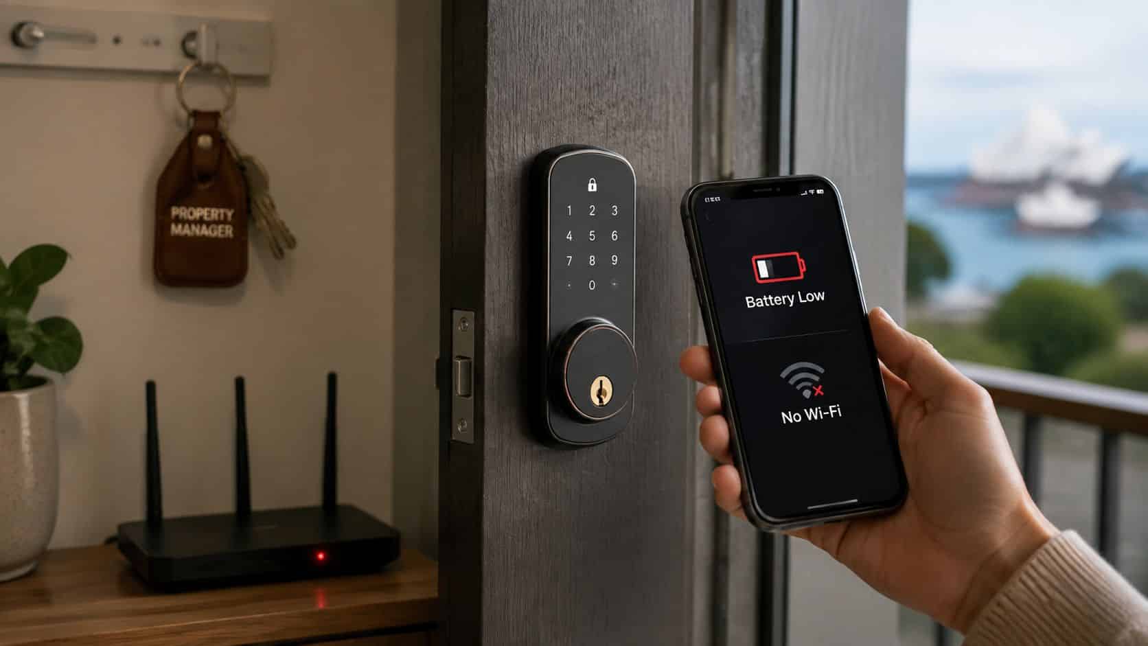 A hand holding a smartphone showing low battery and wifi alerts near a smart lock door.